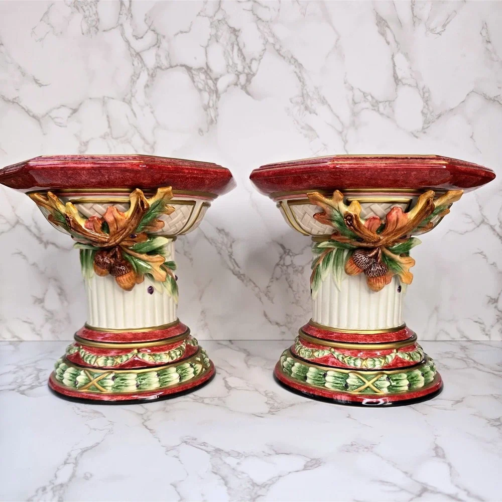 Fitz Floyd Equestrian Octagonal Pillar Candle Holders Pair Acorn Oak Leaf Large